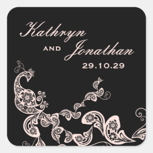 Adesivo Quadrado Tag preto cor-de-rosa floral do presente de