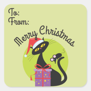 Adesivo Quadrado Tag retro do presente do Natal do gato e do rato