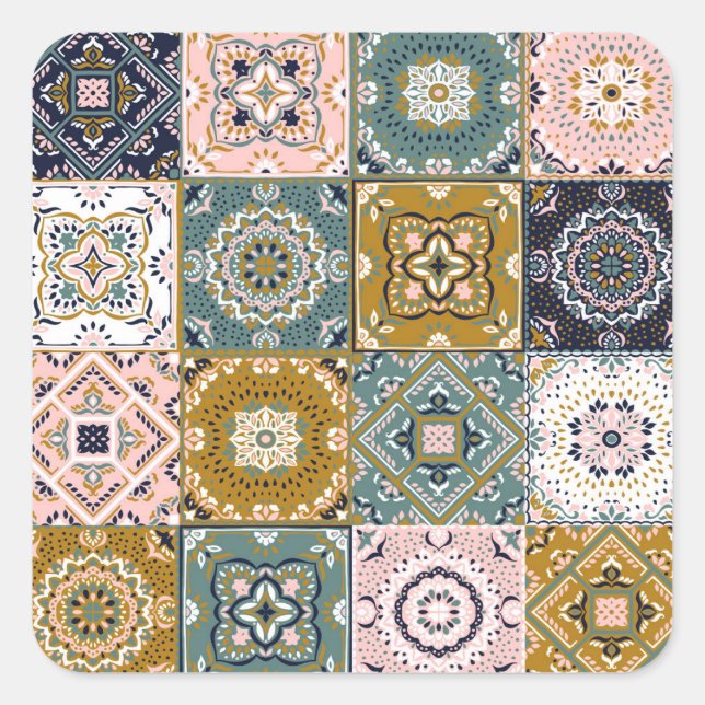 Adesivo Quadrado Talavera Indian: Patchwork, Ethnic Mosaic. (Frente)