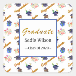 Adesivo Quadrado Tampa de Aquarela para Formatura Personalizada, Di