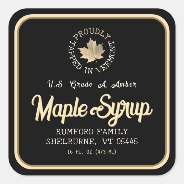 Adesivo Quadrado Tapado em Vermont Dourado Leaf Maple Syrup 1,5" ou (Frente)