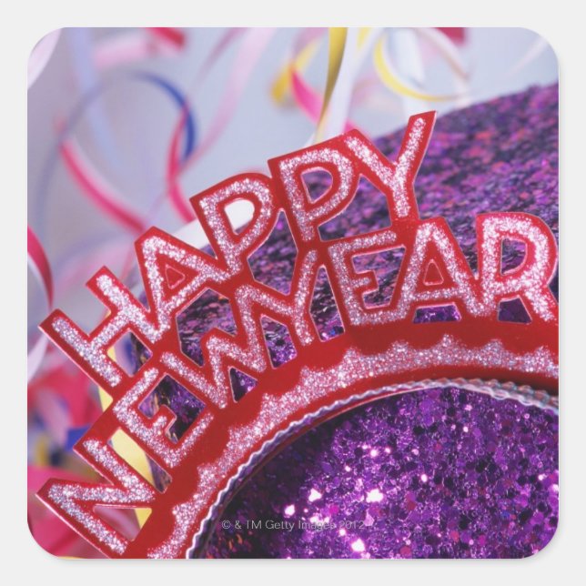 Adesivo Quadrado Tara de Ano Novo e chapéu sequestrado, com (Frente)