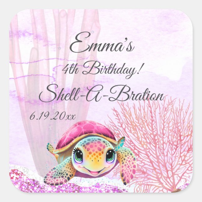 Adesivo Quadrado Tartaruga 4º Aniversário, Sob o Mar (Frente)