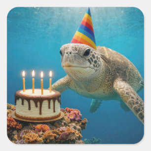 Adesivo Quadrado Tartaruga Marinha com Bolo de Aniversário