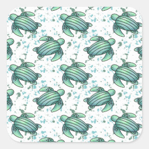 Adesivo Quadrado tartaruga marinha padrão verde azul aquarela anima