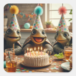 Adesivo Quadrado Tartarugas celebrando aniversário com bolo e chapé