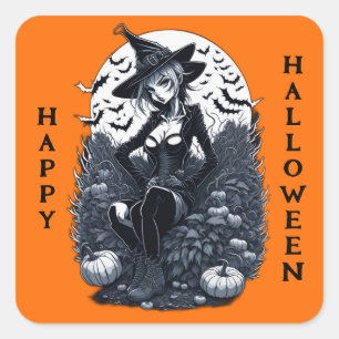 Adesivo Quadrado Tattoo Style Moonlit Witch Pumpkin