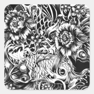 Adesivo Quadrado Tatuagem preto e branco art. de Koi do japonês