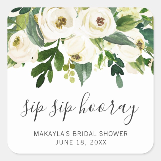 Adesivo Quadrado Tchim Tchim Hooray Elegante Bridal Shower Floral B (Frente)