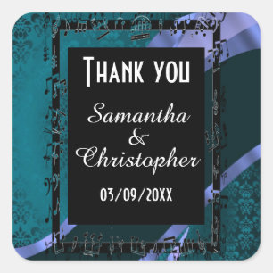Adesivo Quadrado Teal aqua damask e obrigado preto