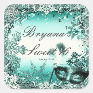 Adesivo Quadrado Teal Aqua Verde Inverno Mascarada & Flocos de Neve