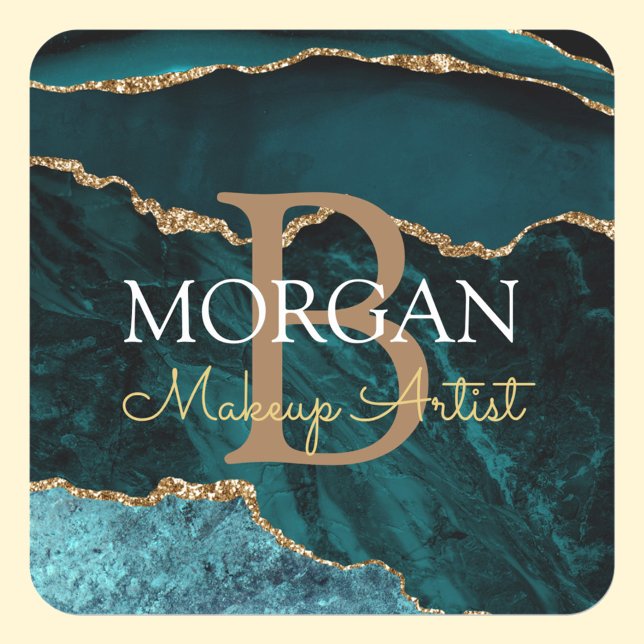 Adesivo Quadrado Teal Black Dourado Agate DIY Name Monograma Ocupaç (Criador carregado)