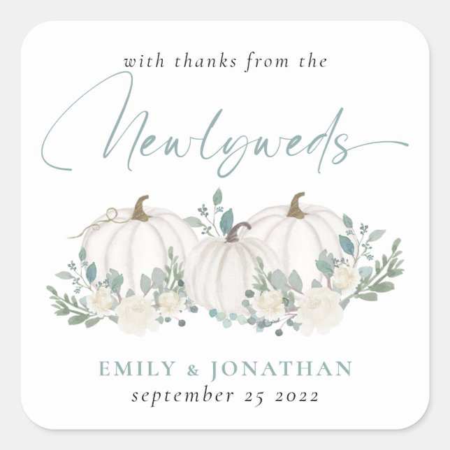 Adesivo Quadrado Teal Branco Pumpkins Florais Obrigados de Newlywed (Frente)