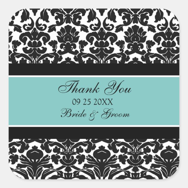 Adesivo Quadrado Teal Damask Obrigado Pelo Favor Do Casamento (Frente)