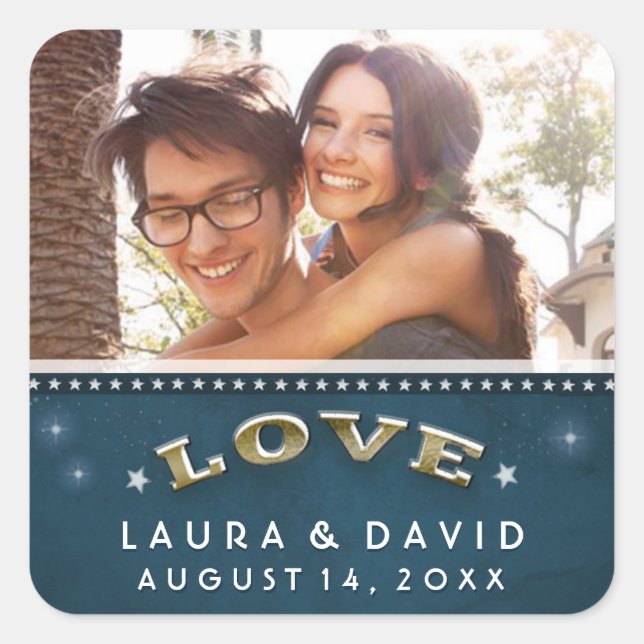 Adesivo Quadrado Teal Dourado e White Stars Love PHOTO Weding (Frente)