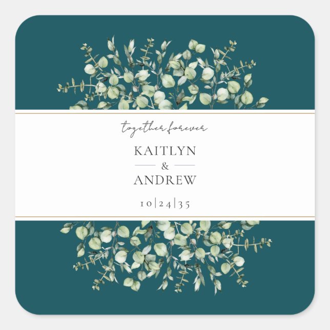 Adesivo Quadrado Teal Eucalyptus Together Forever Wedding  (Frente)