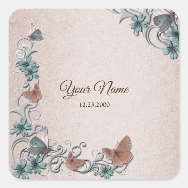 Adesivo Quadrado Teal Silver Floral Copper Butterfly Tan Wedding (Frente)