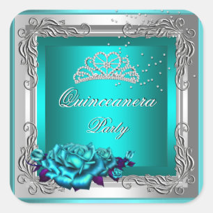 Adesivo Quadrado Teal Silver Rosa Quinceanera 15 Aniversário