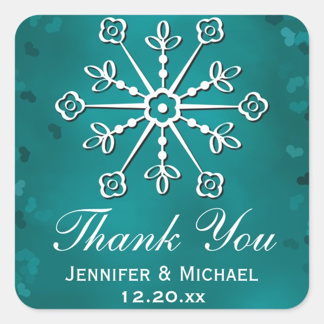 Adesivo Quadrado Teal Snowflake Obrigado Rótulo (Frente)