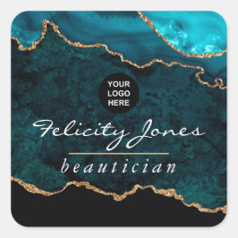 Adesivo Quadrado Teal - Turquesa e Dourada Geode Agate Corporate