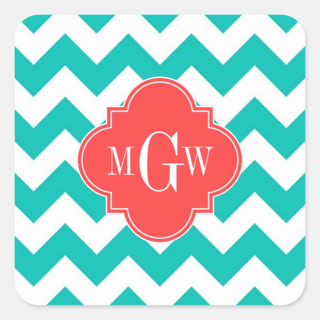 Adesivo Quadrado Teal White Chevron Coral Quatrefoil 3 Monograma (Frente)