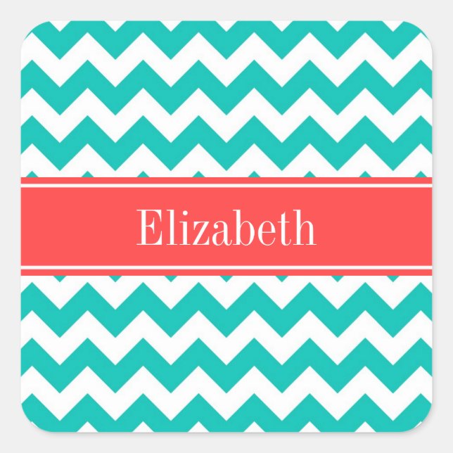 Adesivo Quadrado Teal White Chevron ZigZag Nome do Coral Monograma (Frente)