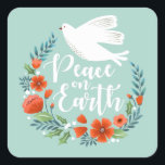 Adesivo Quadrado Teal White Dove Peace on Earth Christmas<br><div class="desc">Um bonito adesivo de Natal com uma pomba numa coroa floral com as palavras Paz na Terra. O adesivo de Natal é desenhado em branco,  vermelho e branco. Projetado para você pelo Blackberry Boulevard.</div>