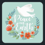 Adesivo Quadrado Teal White Dove Peace on Earth Christmas<br><div class="desc">Um bonito adesivo de Natal com uma pomba numa coroa floral com as palavras Paz na Terra. O adesivo de Natal é desenhado em branco,  vermelho e branco. Projetado para você pelo Blackberry Boulevard.</div>
