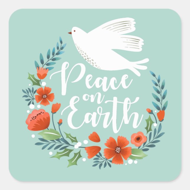 Adesivo Quadrado Teal White Dove Peace on Earth Christmas (Frente)