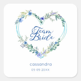 Adesivo Quadrado Team Bride Quote & Floral Blue Heart for Wedding