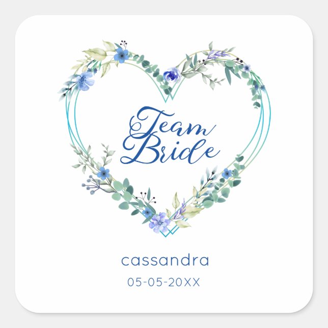 Adesivo Quadrado Team Bride Quote & Floral Blue Heart for Wedding (Frente)