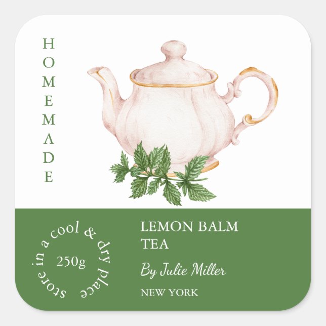 Adesivo Quadrado Teapot Lemon Balm Tea Label (Frente)