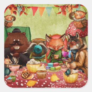 Adesivo Quadrado Teatime em Floresta com Amigos de Woodland