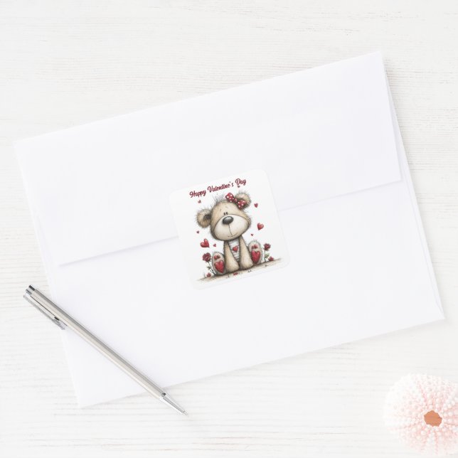 Adesivo Quadrado Teddy Bear Duo with Heart Accents Envelope Seals (Envelope)