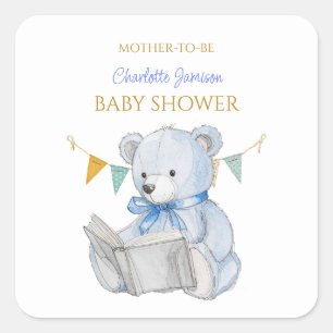 Adesivo Quadrado Teddy Bear personalizado lendo um Chá de fraldas d