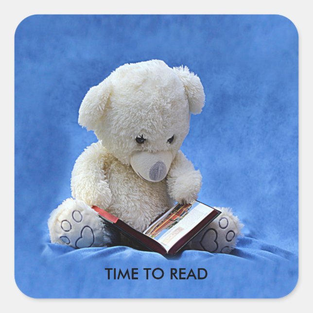 Adesivo Quadrado Teddy Bear Time to Read Blue Stuffed Animal, ZKOA (Frente)