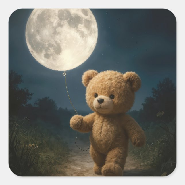 Adesivo Quadrado Teddy Bear Walking With a Moon Balloon (Frente)