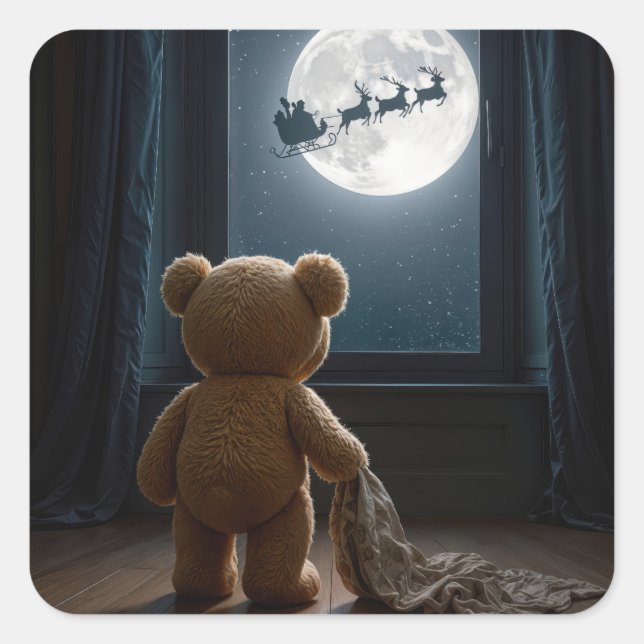Adesivo Quadrado Teddy Bear Watching Santa Claus and Reindeer (Frente)