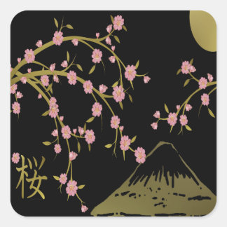 Adesivo Quadrado Tela Dourada Black Japonesa Rosa Sakura
