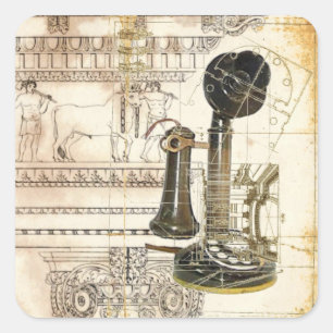 Adesivo Quadrado telefone do vintage da antiguidade do steampunk da