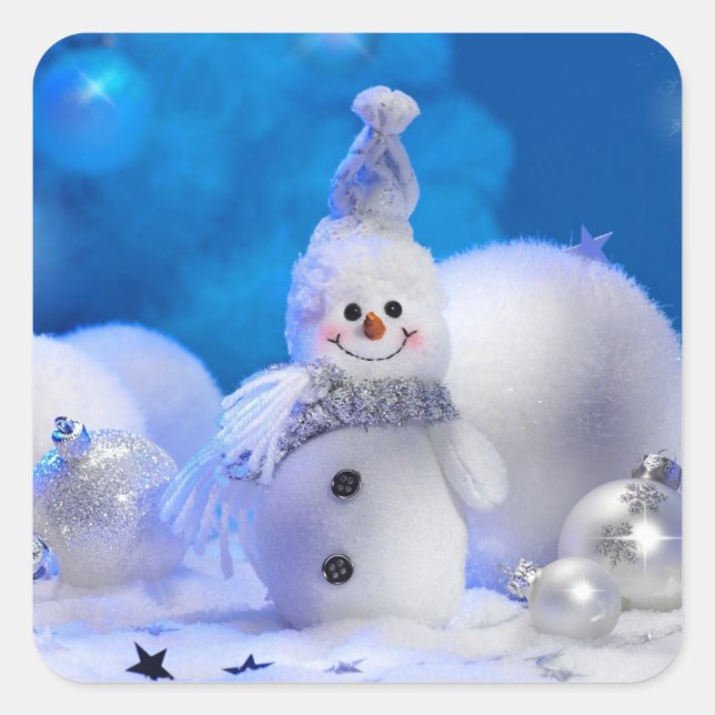Adesivo Quadrado Tema Branco Azul de Natal Snowman (Frente)