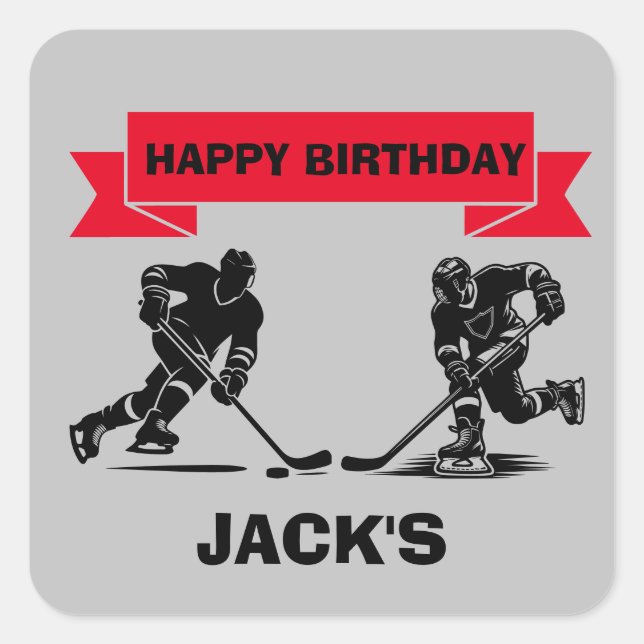 Adesivo Quadrado Tema da Festa de aniversário do jogador de hóquei (Frente)