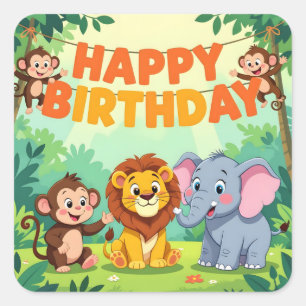 Adesivo Quadrado Tema de aniversário safari fofo e feliz