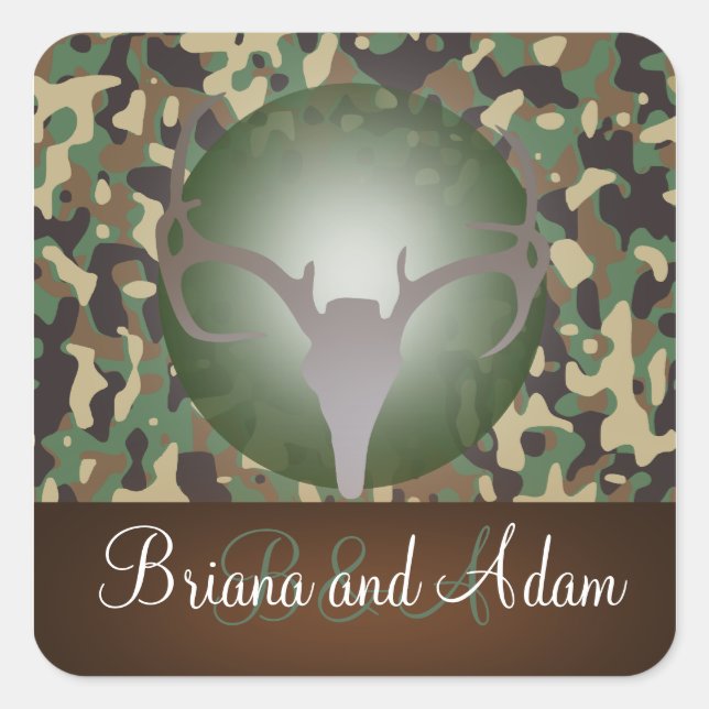 Adesivo Quadrado Tema de caça personalizado Antlers Camo Wedding (Frente)