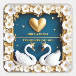 Adesivo Quadrado Tema de Casamento Casal Cisne Dourado Azul 💍