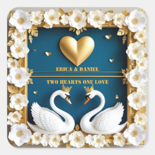 Adesivo Quadrado Tema de Casamento Casal Cisne Dourado Azul 💍