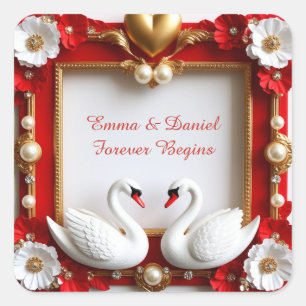 Adesivo Quadrado 🦢 Tema de Casamento Pérola Cisne Dourado Vermelho