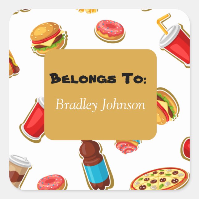 Adesivo Quadrado Tema de Comida Personalizável Pertence a Pacote de (Frente)