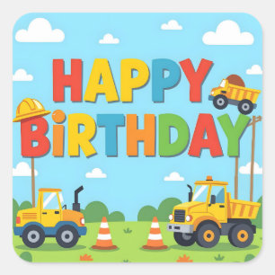 Adesivo Quadrado Tema de construção feliz aniversário