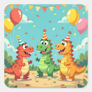 Adesivo Quadrado Tema de dinossauros de aniversário feliz